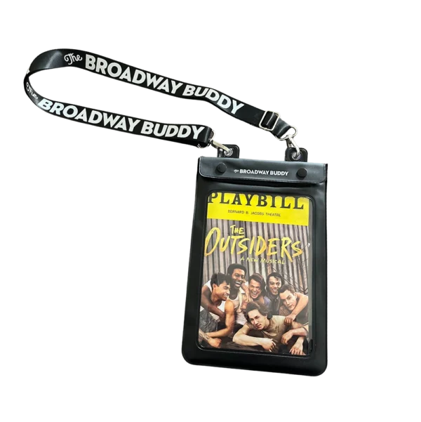 A Broadway Buddy containing a Playbill for "The Outsiders," featuring a stylish black strap with The Broadway Buddy logo.