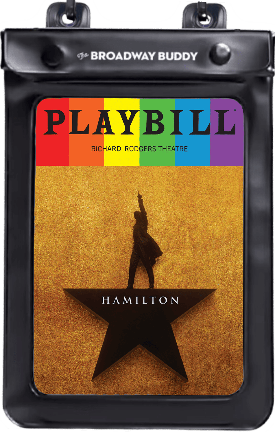 Playbill for the musical "Hamilton" at the Richard Rodgers Theatre, featuring a silhouette of a figure with one arm raised against a gold background.